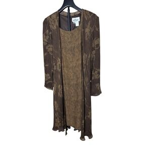 Cattiva New York 100% Silk Dress Duster Set Brown Animal Floral Vintage Size 10